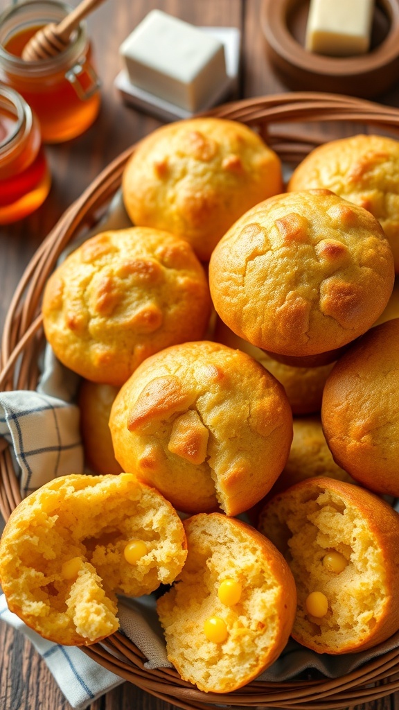 A basket of freshly baked golden corn muffins on a wooden table with honey and butter.